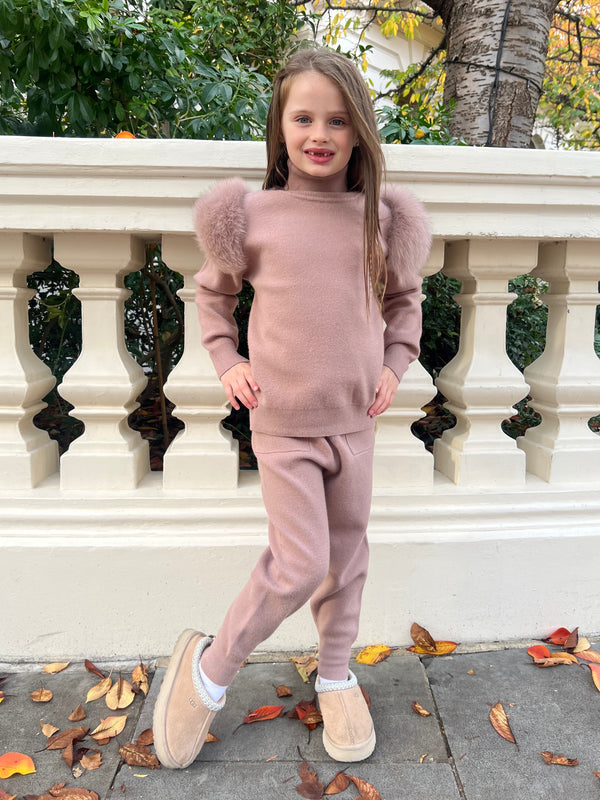 Childrens Taupe Luxury Fur Roll Neck Jogger Tracksuit
