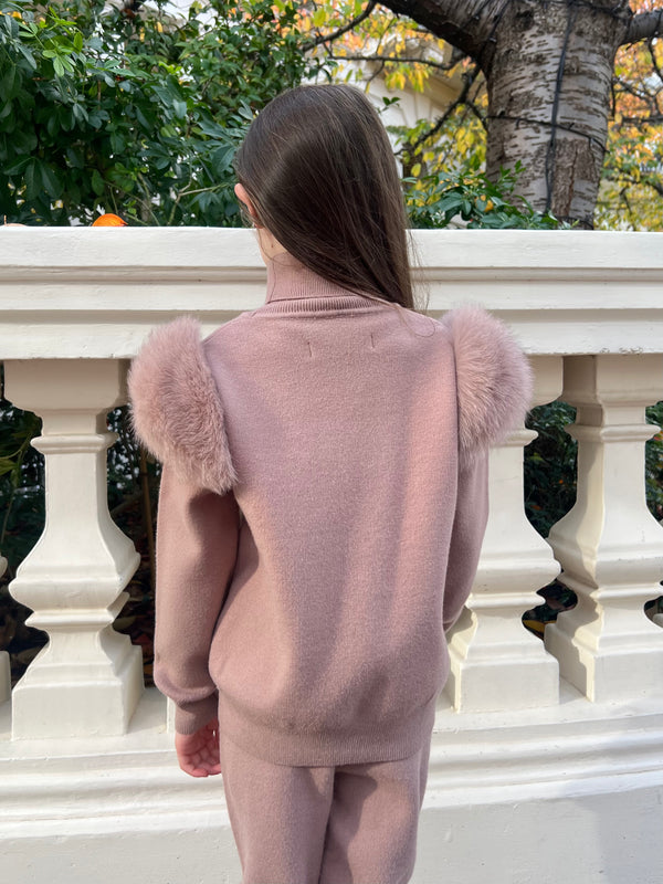 Childrens Taupe Luxury Fur Roll Neck Jogger Tracksuit