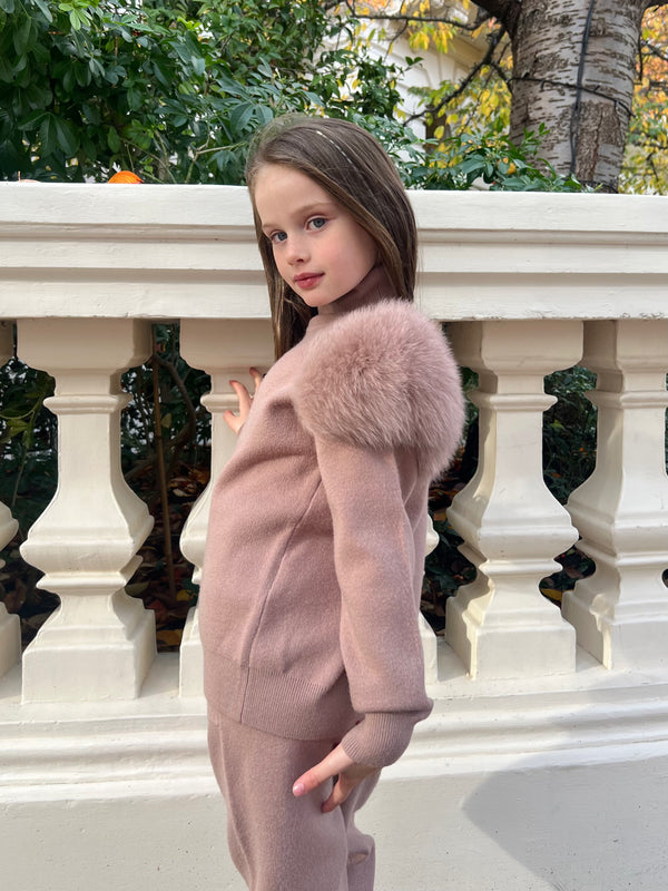 Childrens Taupe Luxury Fur Roll Neck Jogger Tracksuit