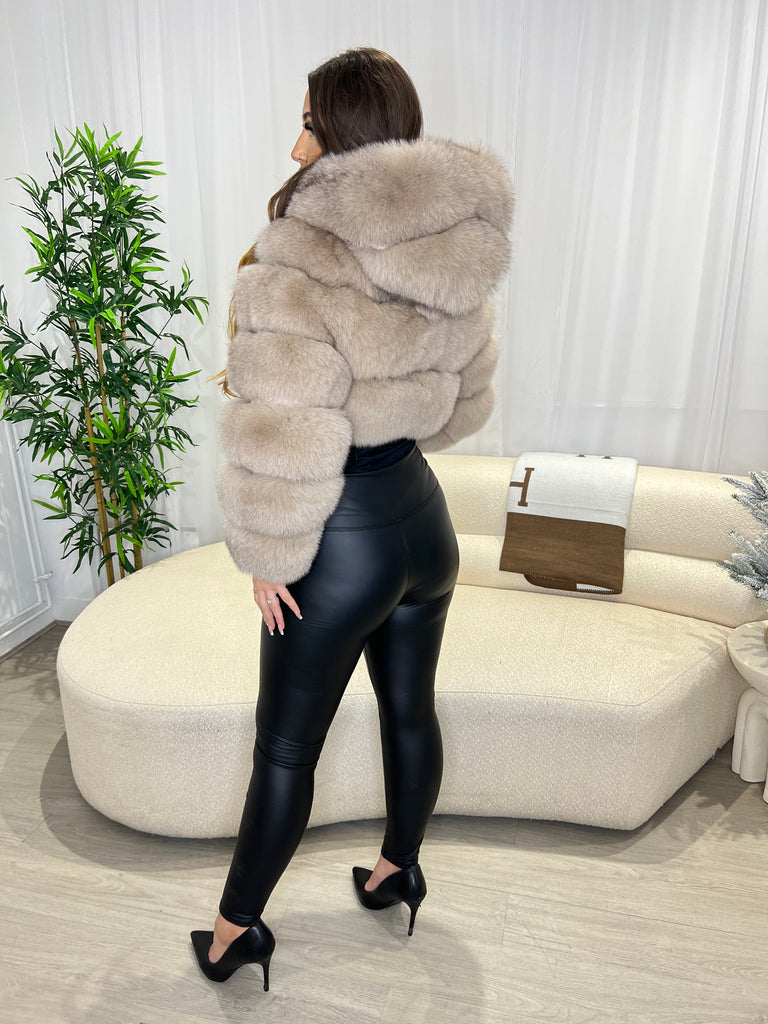 Dark Beige Luxury Fur Hooded Jacket - H&L 
