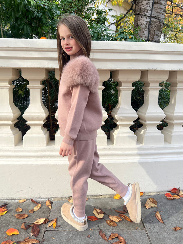 Childrens Taupe Luxury Fur Roll Neck Jogger Tracksuit
