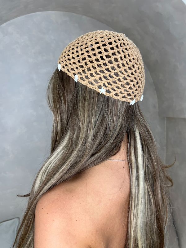 Camel Crochet Skull Cap With Starfish Embellishment - HL London