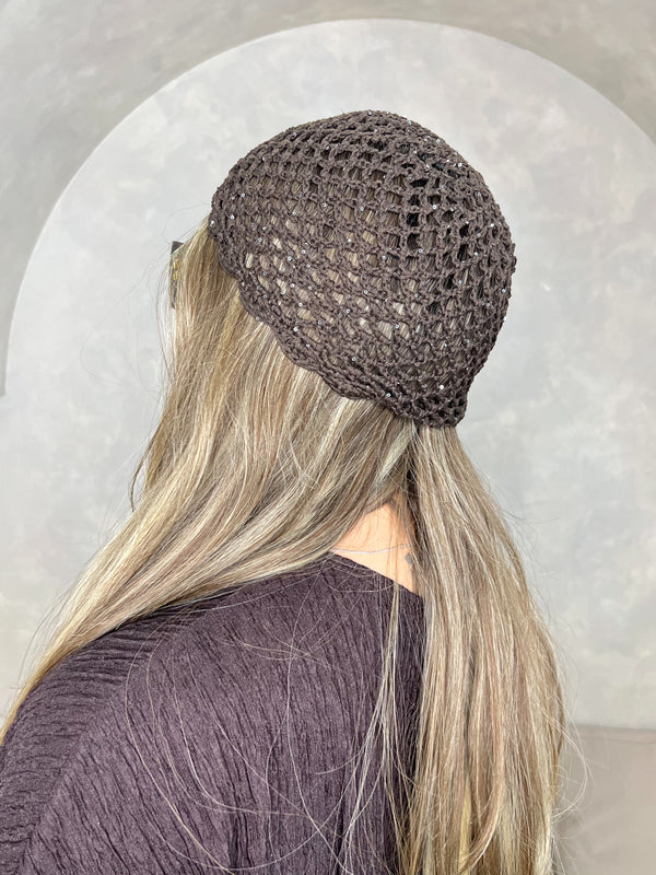 Chocolate Crochet Scallop Edge Skull Cap With Small Sequins - HL London