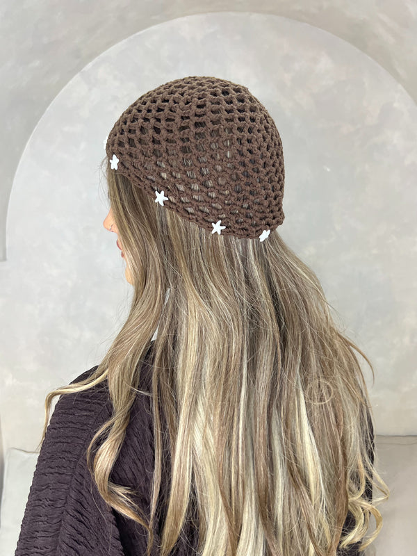 Chocolate Crochet Skull Cap With Starfish Embellishment - HL London
