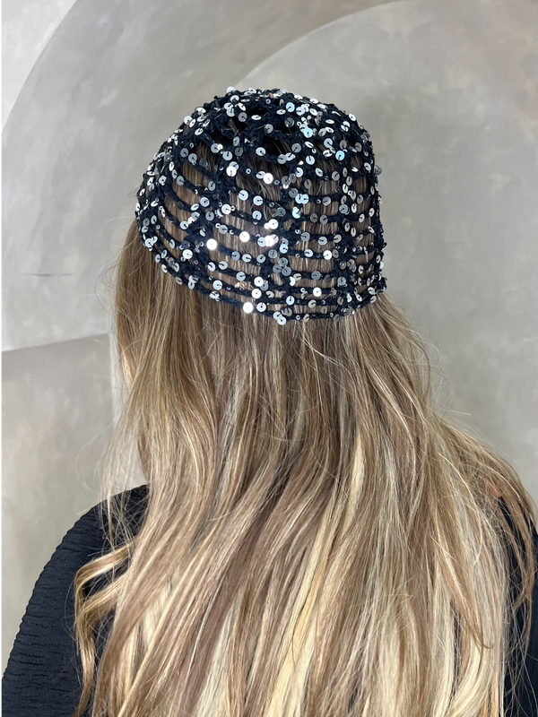 Black Crochet Sequin Skull Cap - HL London