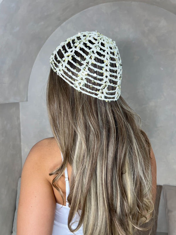 Cream Crochet Sequin Skull Cap - HL London