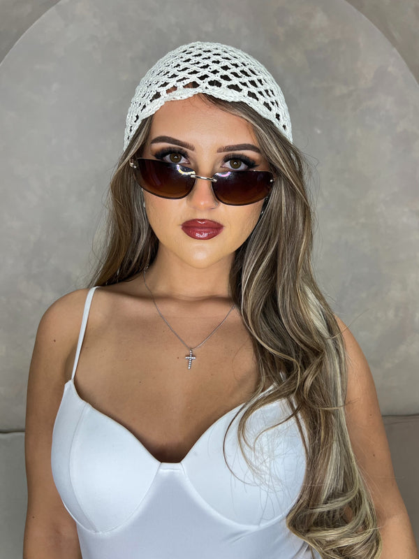 Cream Crochet Scallop Edge Skull Cap With Small Sequins - HL London
