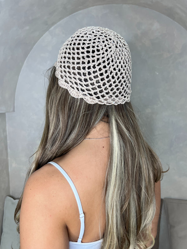 Taupe Crochet Scallop Edge Skull Cap With Small Sequins - HL London
