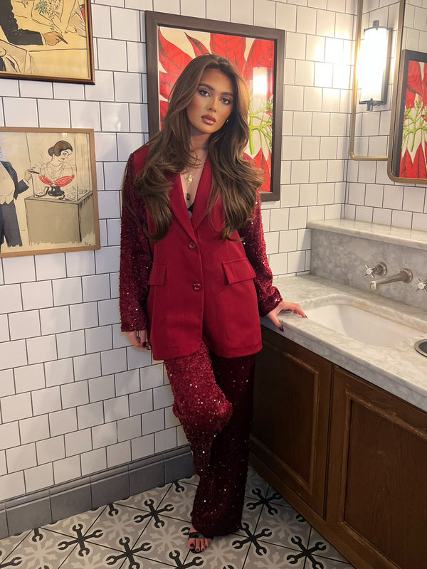 Burgundy Wide Leg Sequin Trousers
