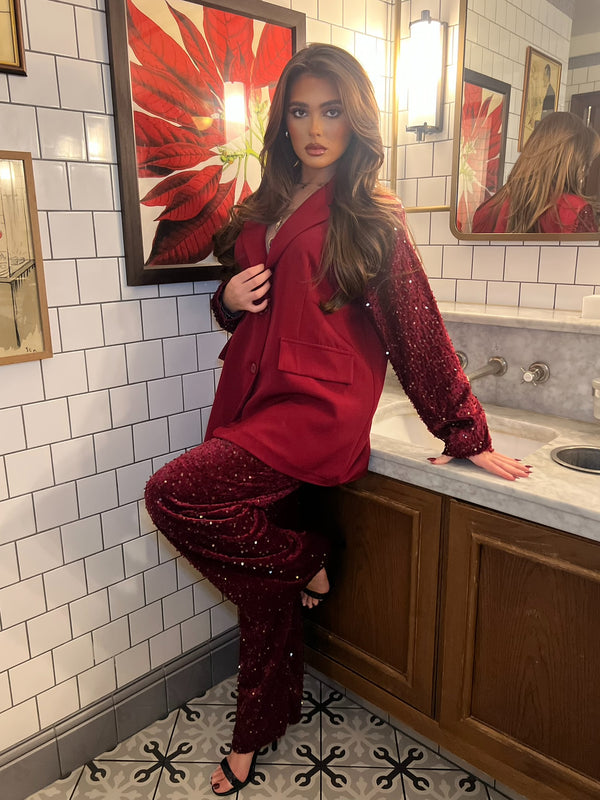 Burgundy Wide Leg Sequin Trousers