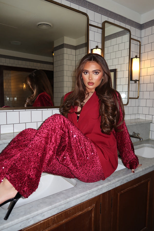 Burgundy Wide Leg Sequin Trousers