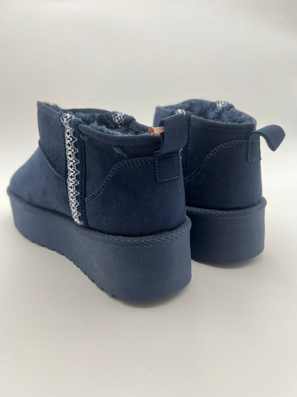 Navy Faux Fur Mini Platform Boots with Stitch Detail in Navy / 38/5 - HL London