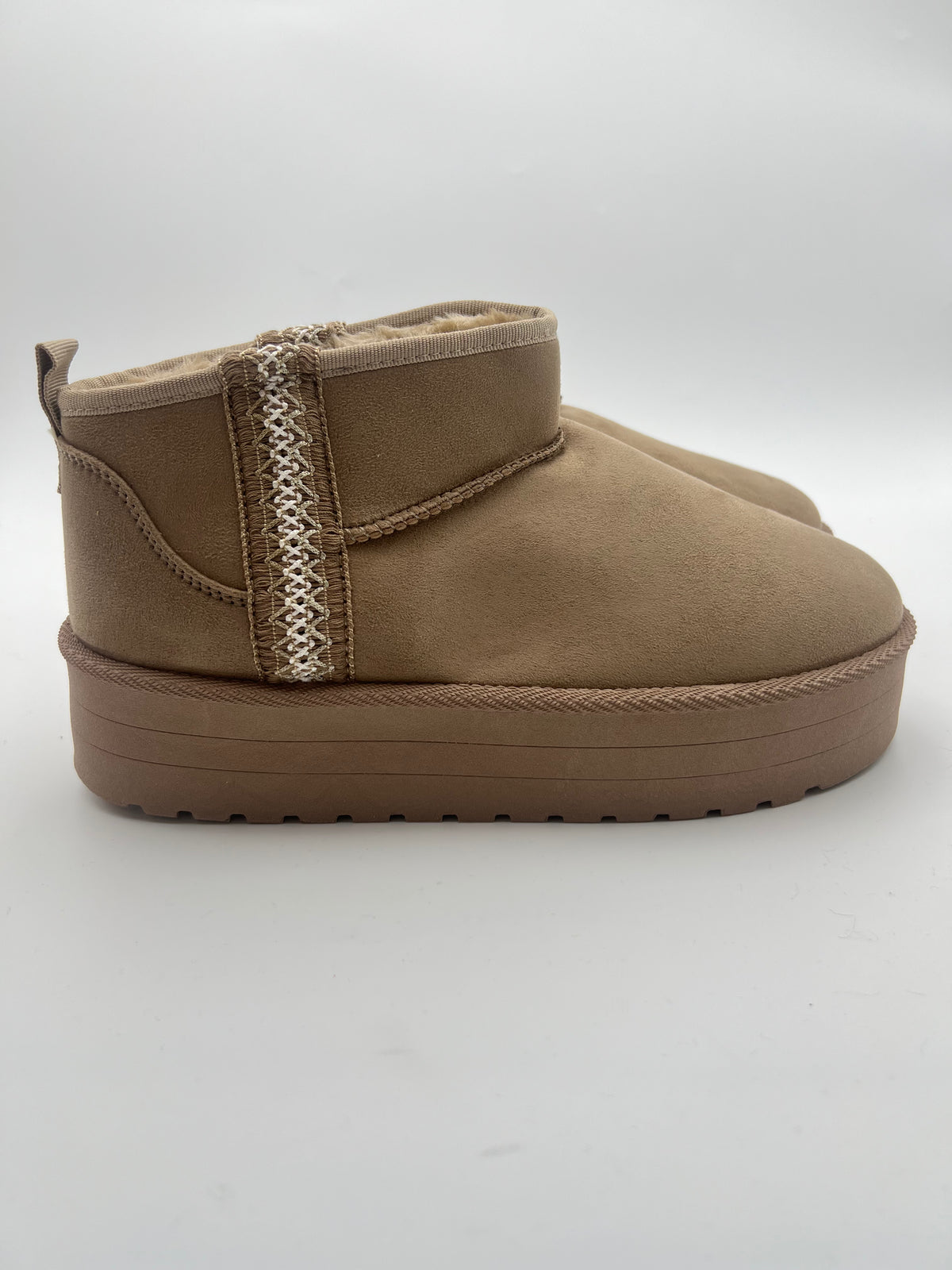 Dark Faux Fur Mini Platform Boots Stitch Detail