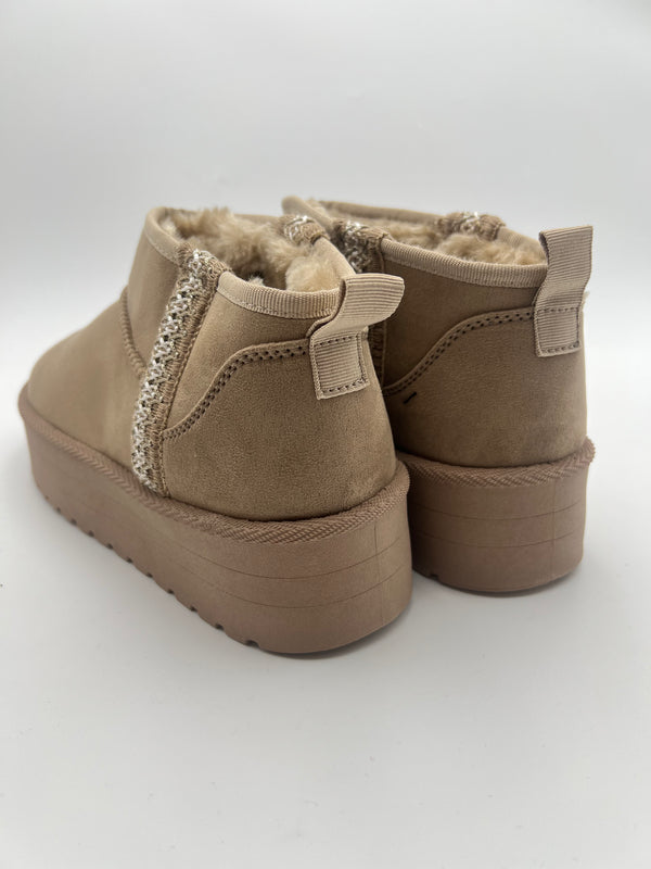 Dark Beige Faux Fur Mini Platform Boots with Stitch Detail in Dark Beige / 40/7 - HL London