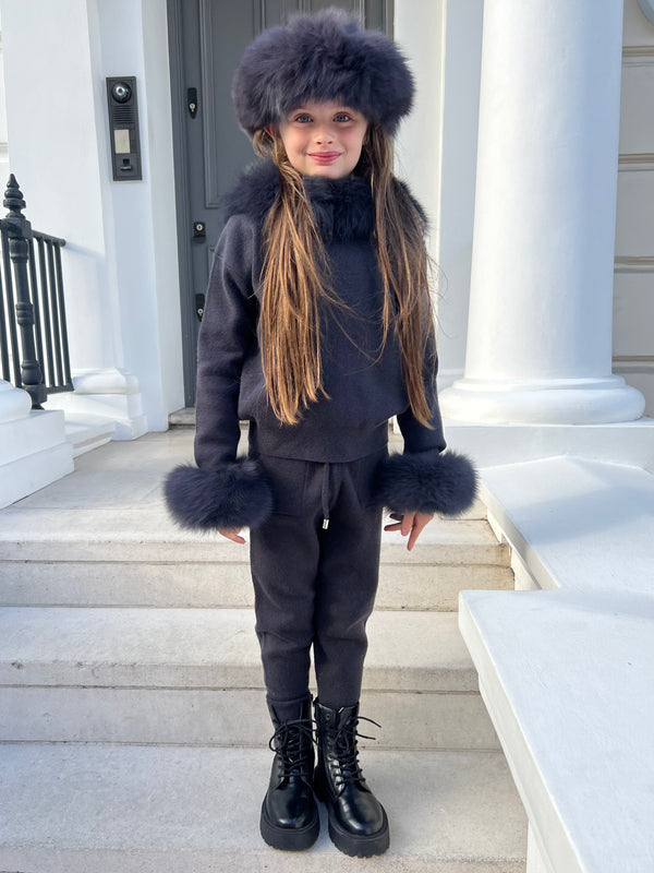 Childrens Charcoal Luxury Fur Trim Hood & Cuff Tracksuit