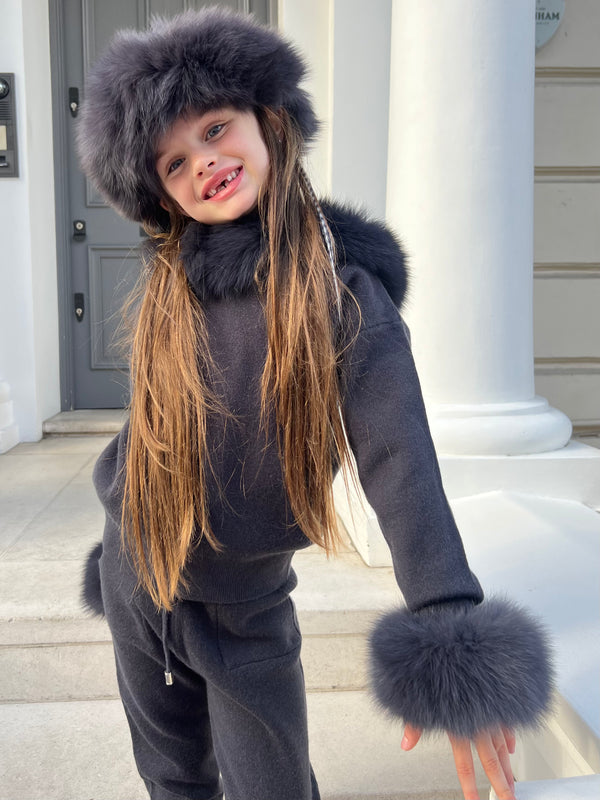 Childrens Charcoal Luxury Fur Trim Hood & Cuff Tracksuit