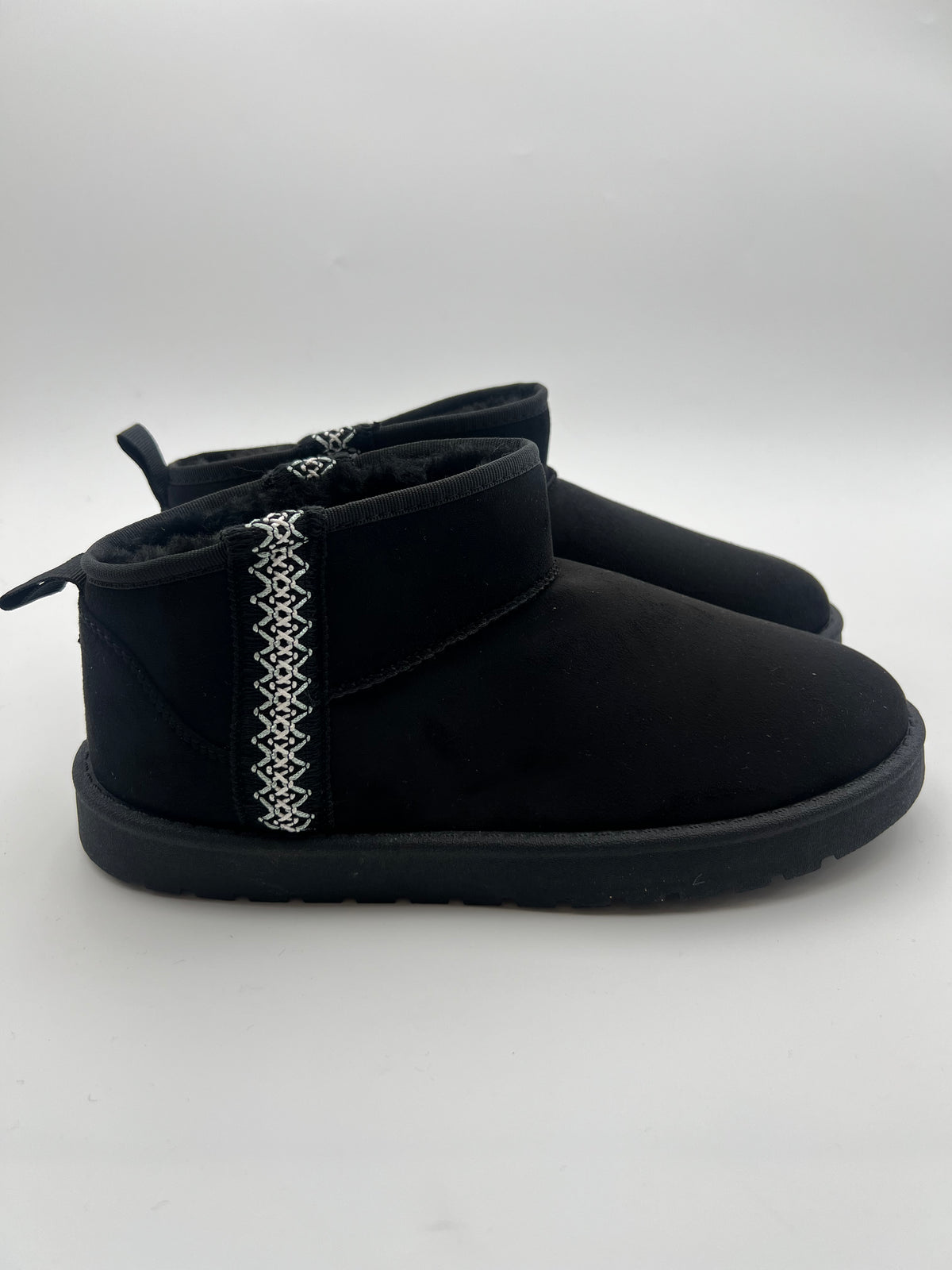Black Mini Suede boots with side embroidery