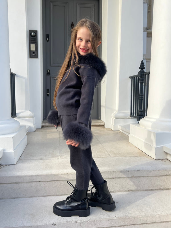 Childrens Charcoal Luxury Fur Trim Hood & Cuff Tracksuit