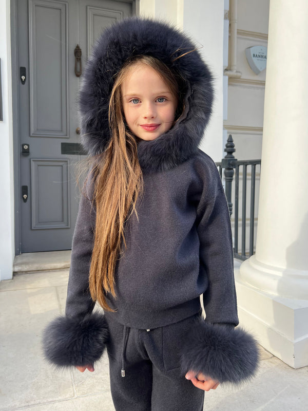 Childrens Charcoal Luxury Fur Trim Hood & Cuff Tracksuit