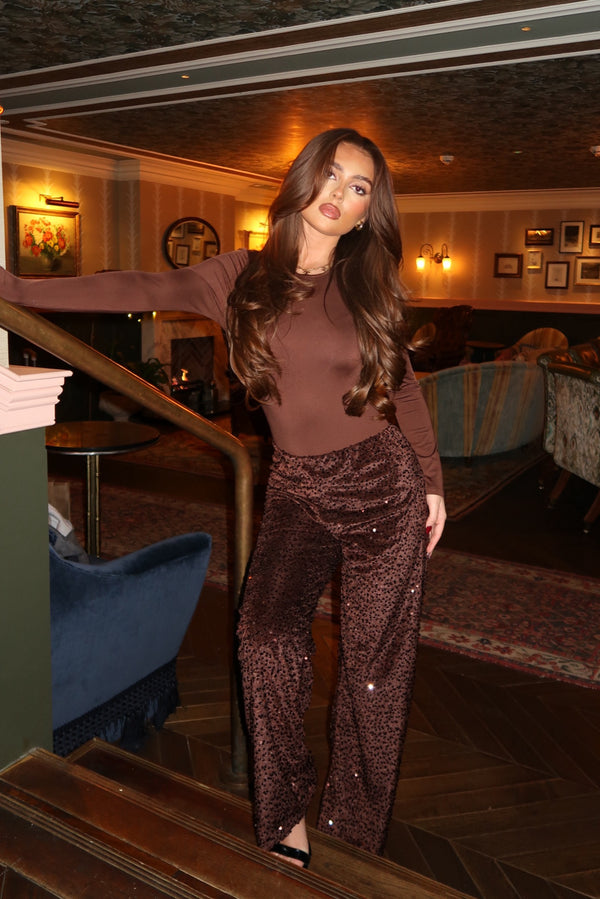 Chocolate Wide Leg Sequin Trousers