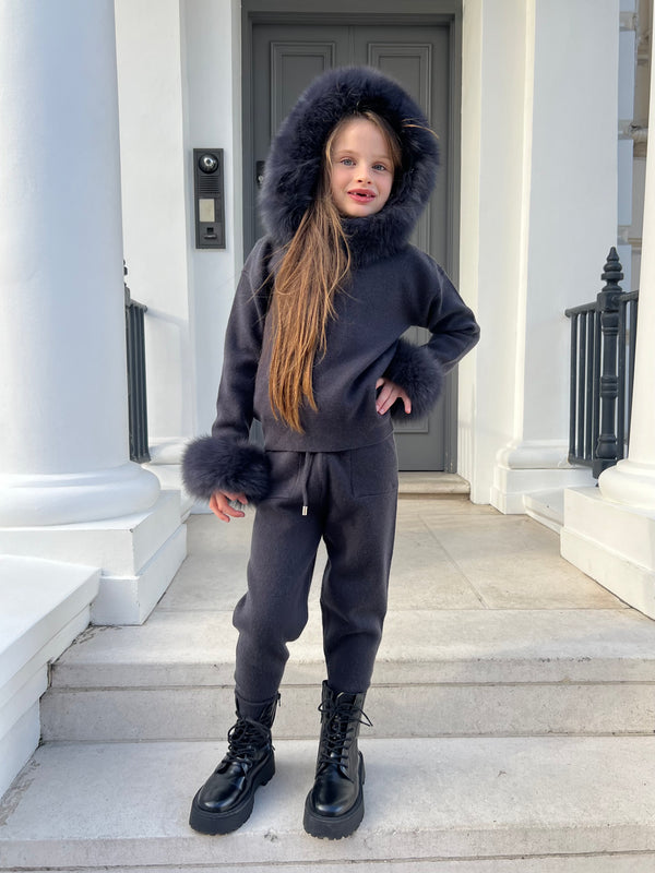 Childrens Charcoal Luxury Fur Trim Hood & Cuff Tracksuit