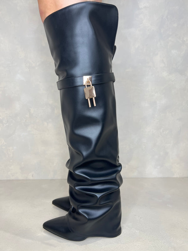 Black Over The Knee Lock Detail Fold Over Boots