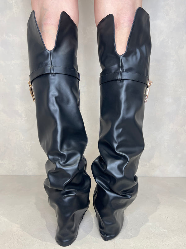Black Over The Knee Lock Detail Fold Over Boots