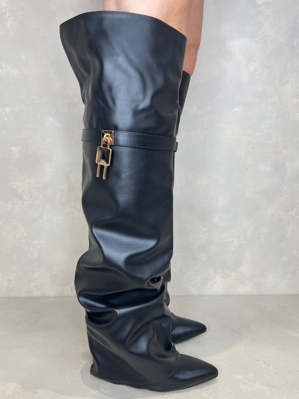 Black Over The Knee Lock Detail Fold Over Boots