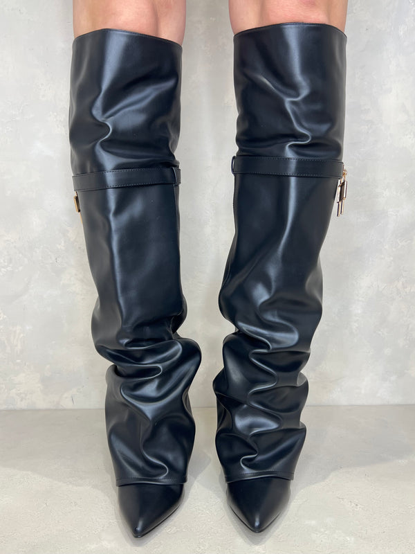 Black Over The Knee Lock Detail Fold Over Boots