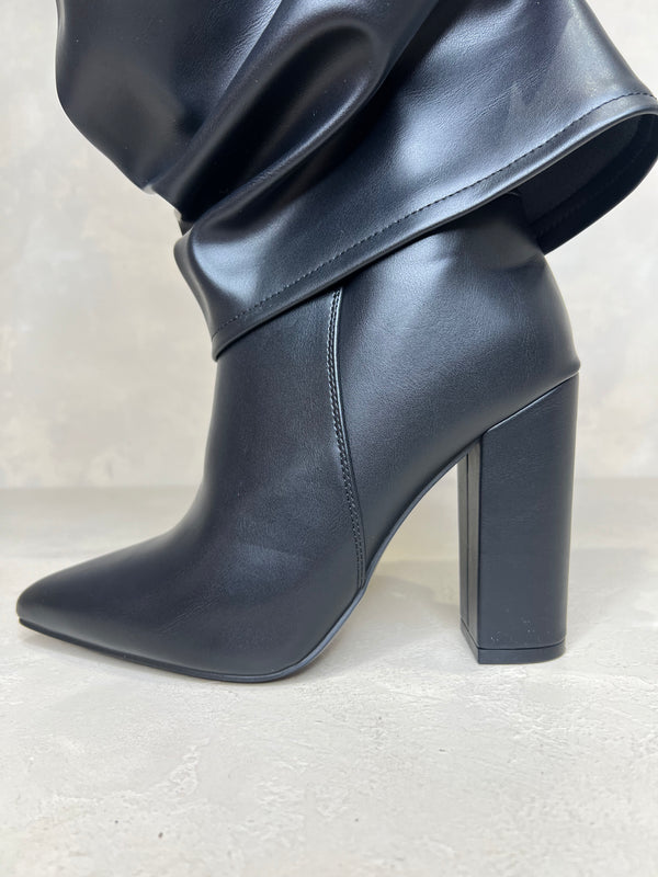 Black Over The Knee Lock Detail Fold Over Boots