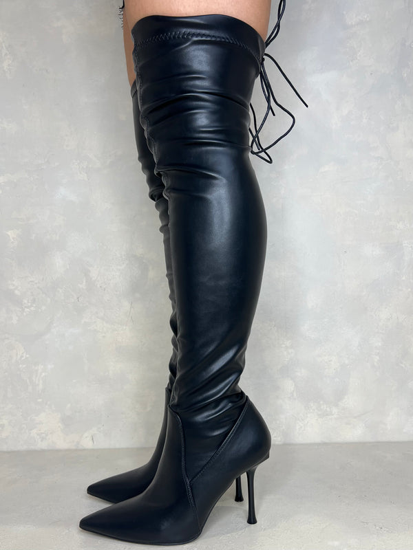 Black Over The Knee Tie Back Boots