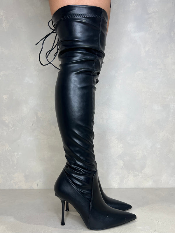 Black Over The Knee Tie Back Boots