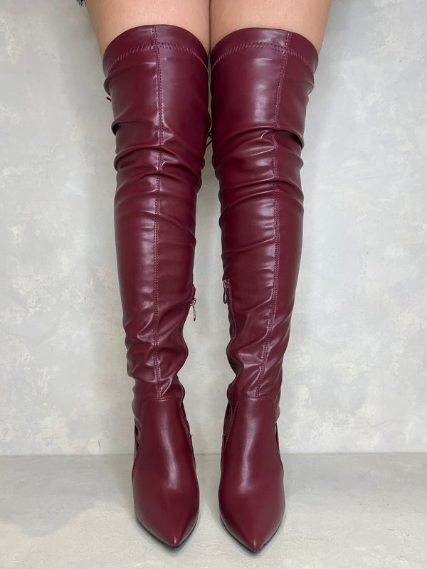 Burgundy Over The Knee Tie Back Boots