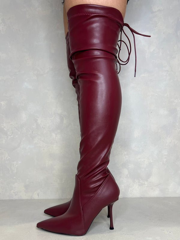 Burgundy Over The Knee Tie Back Boots