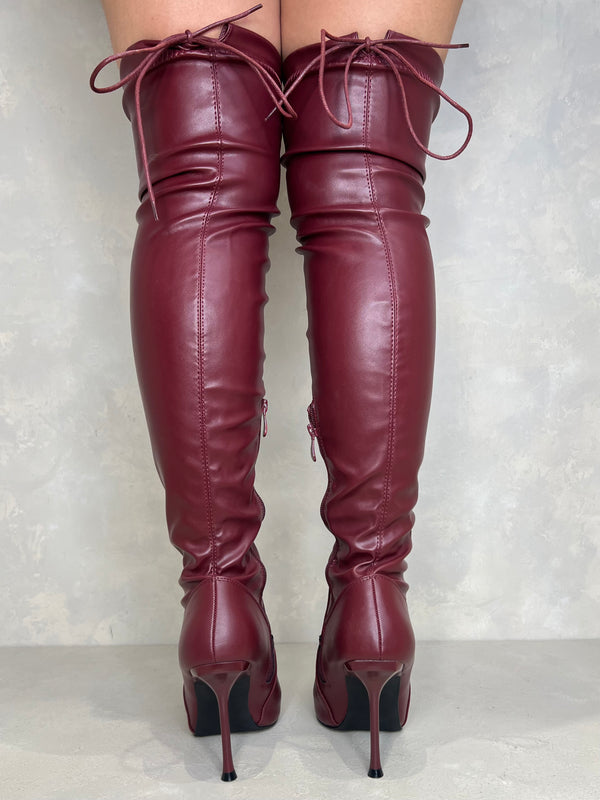 Burgundy Over The Knee Tie Back Boots