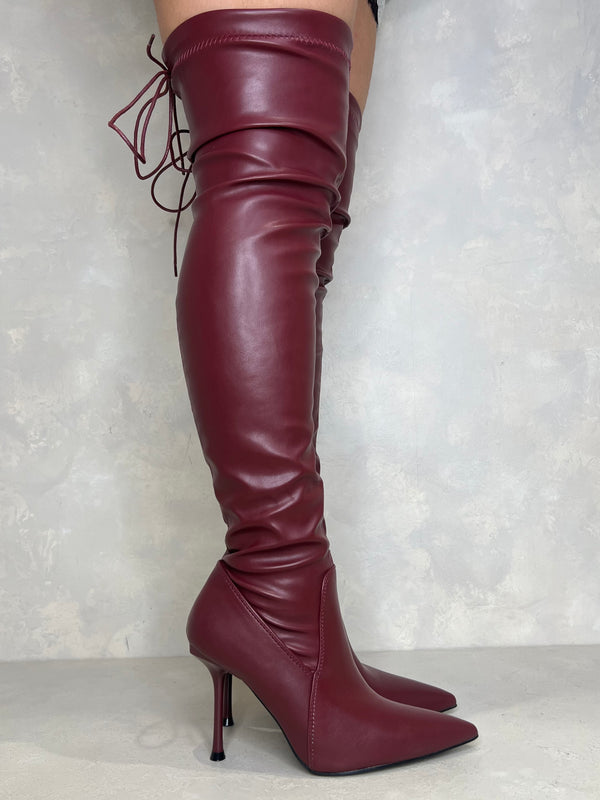 Burgundy Over The Knee Tie Back Boots