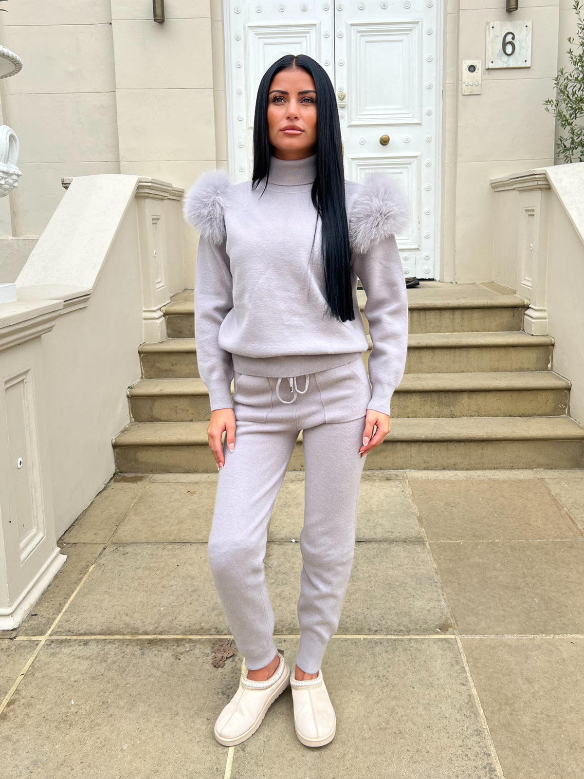 Light Grey Luxury Fur Roll Neck Jogger Tracksuit