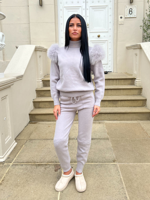 Light Grey Luxury Fur Roll Neck Jogger Tracksuit