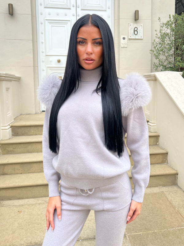 Light Grey Luxury Fur Roll Neck Jogger Tracksuit
