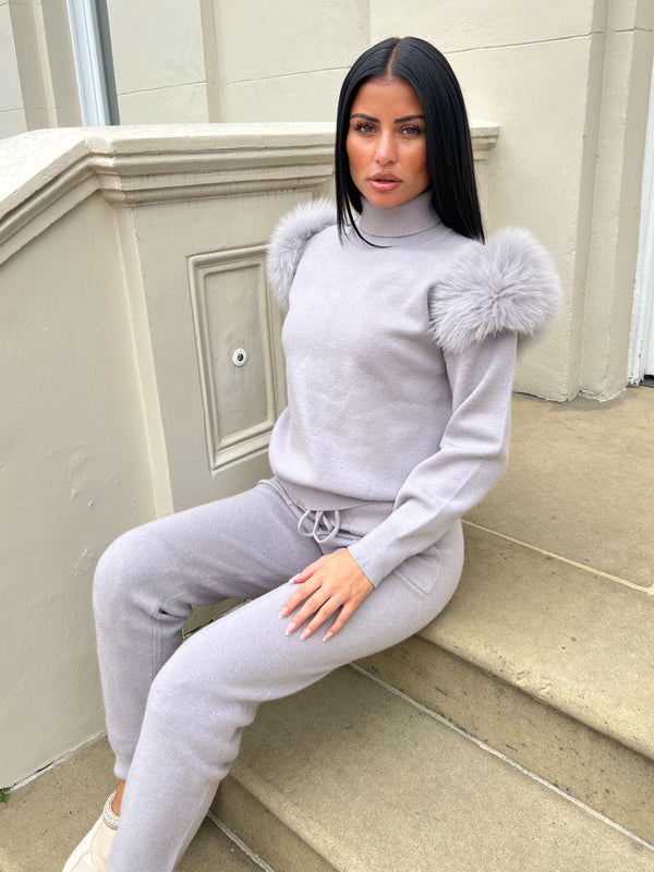 Light Grey Luxury Fur Roll Neck Jogger Tracksuit