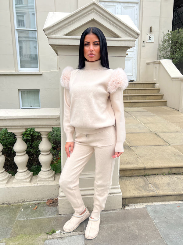 Light Beige Luxury Fur Roll Neck Jogger Tracksuit