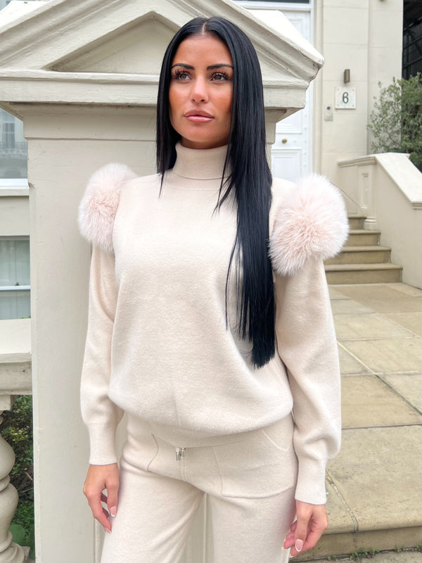 Light Beige Luxury Fur Roll Neck Jogger Tracksuit