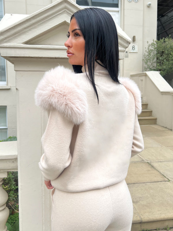 Light Beige Luxury Fur Roll Neck Jogger Tracksuit