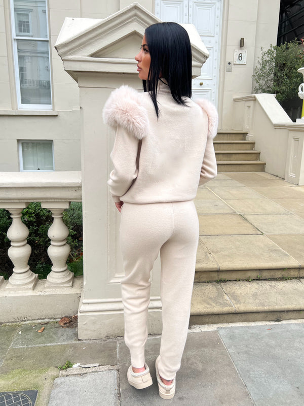 Light Beige Luxury Fur Roll Neck Jogger Tracksuit