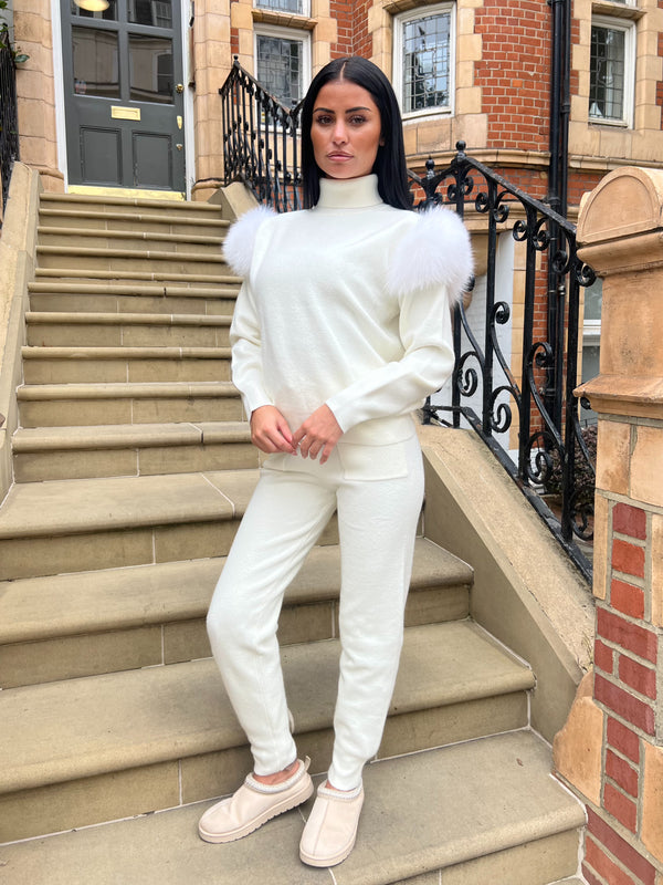 Cream Luxury Fur Roll Neck Jogger Tracksuit