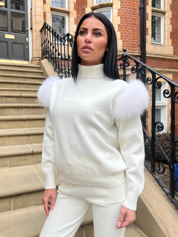 Cream Luxury Fur Roll Neck Jogger Tracksuit