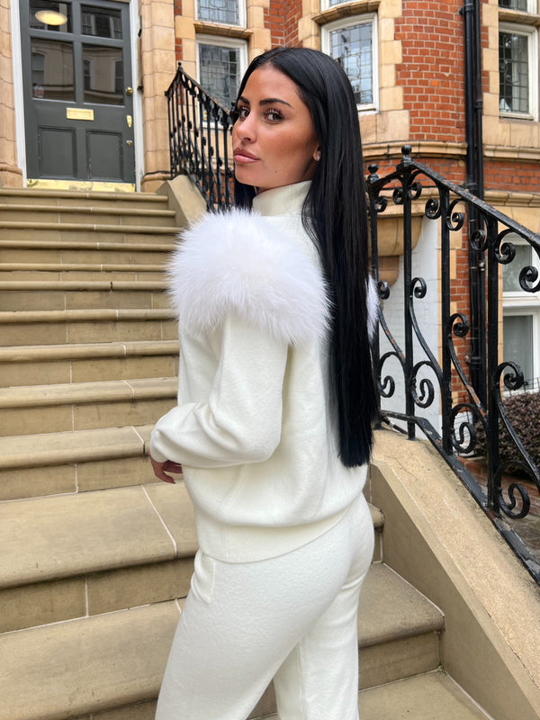 Cream Luxury Fur Roll Neck Jogger Tracksuit