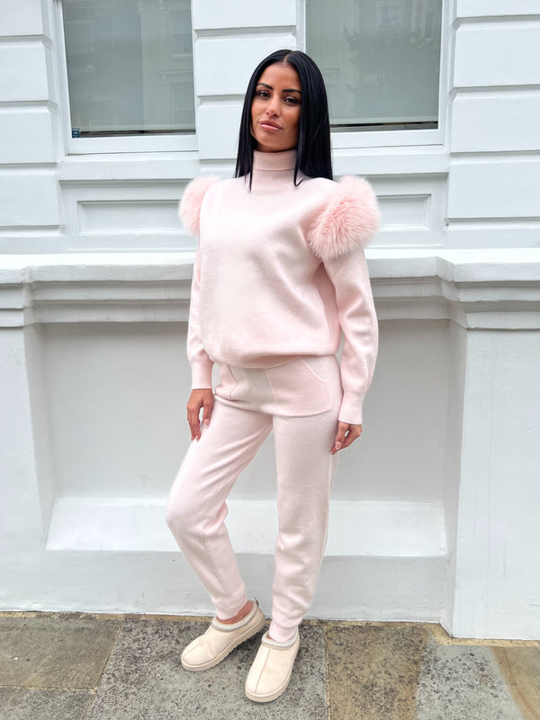 Baby Pink Luxury Fur Roll Neck Jogger Tracksuit