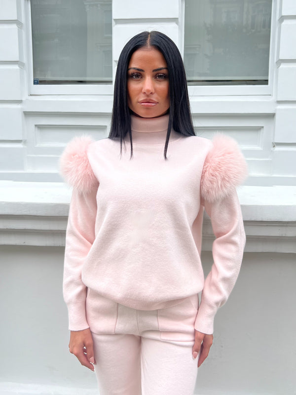 Baby Pink Luxury Fur Roll Neck Jogger Tracksuit