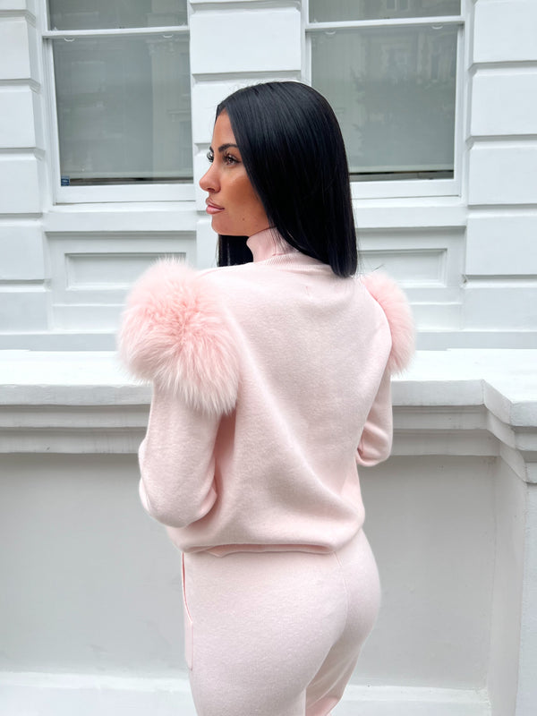 Baby Pink Luxury Fur Roll Neck Jogger Tracksuit